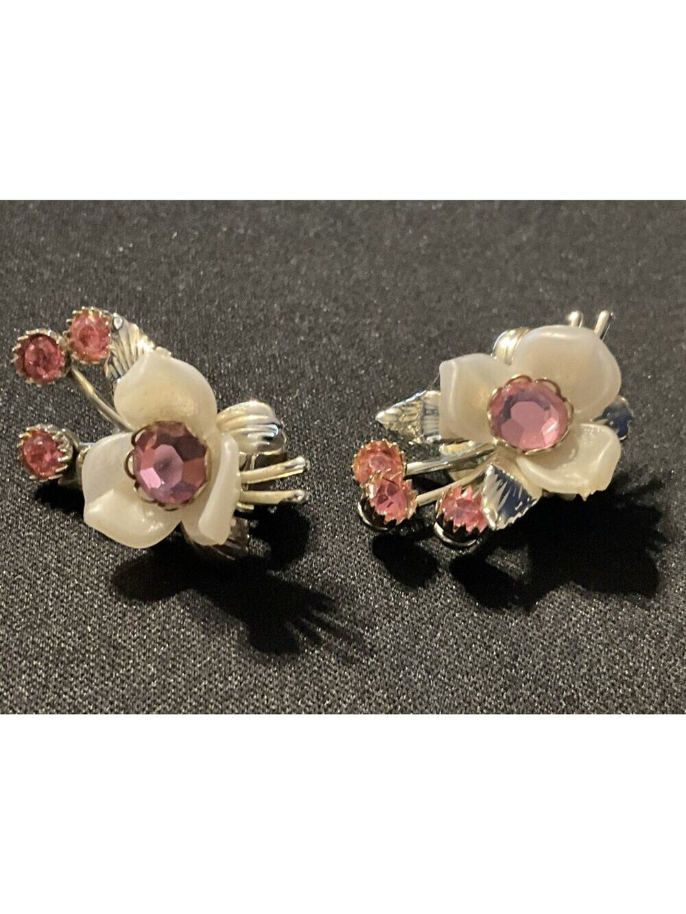 Vintage Celluloid Pink Flower W/ Rhinestones Clip On Earrings